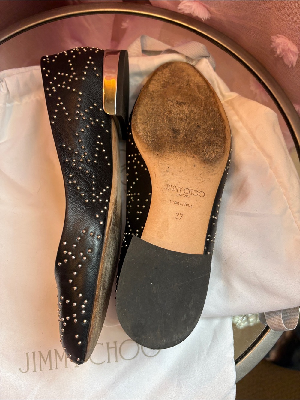 Authentic Jimmy Choo Black Leather Jessie Studded Flats - Picture 5 of 12